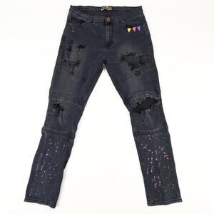 Demolition Jeans Mens 36x32 Splattered Distressed Moto Denim Black